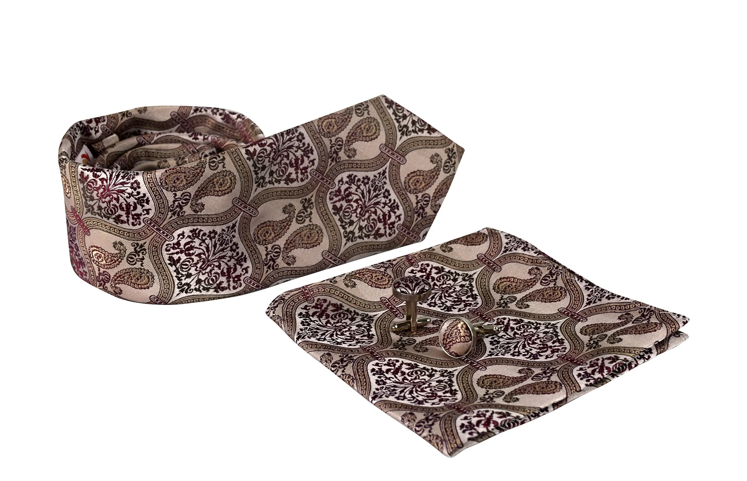 Luxurious Mens Silk Feel Paisley Necktie Cufflink Handkerchief Set