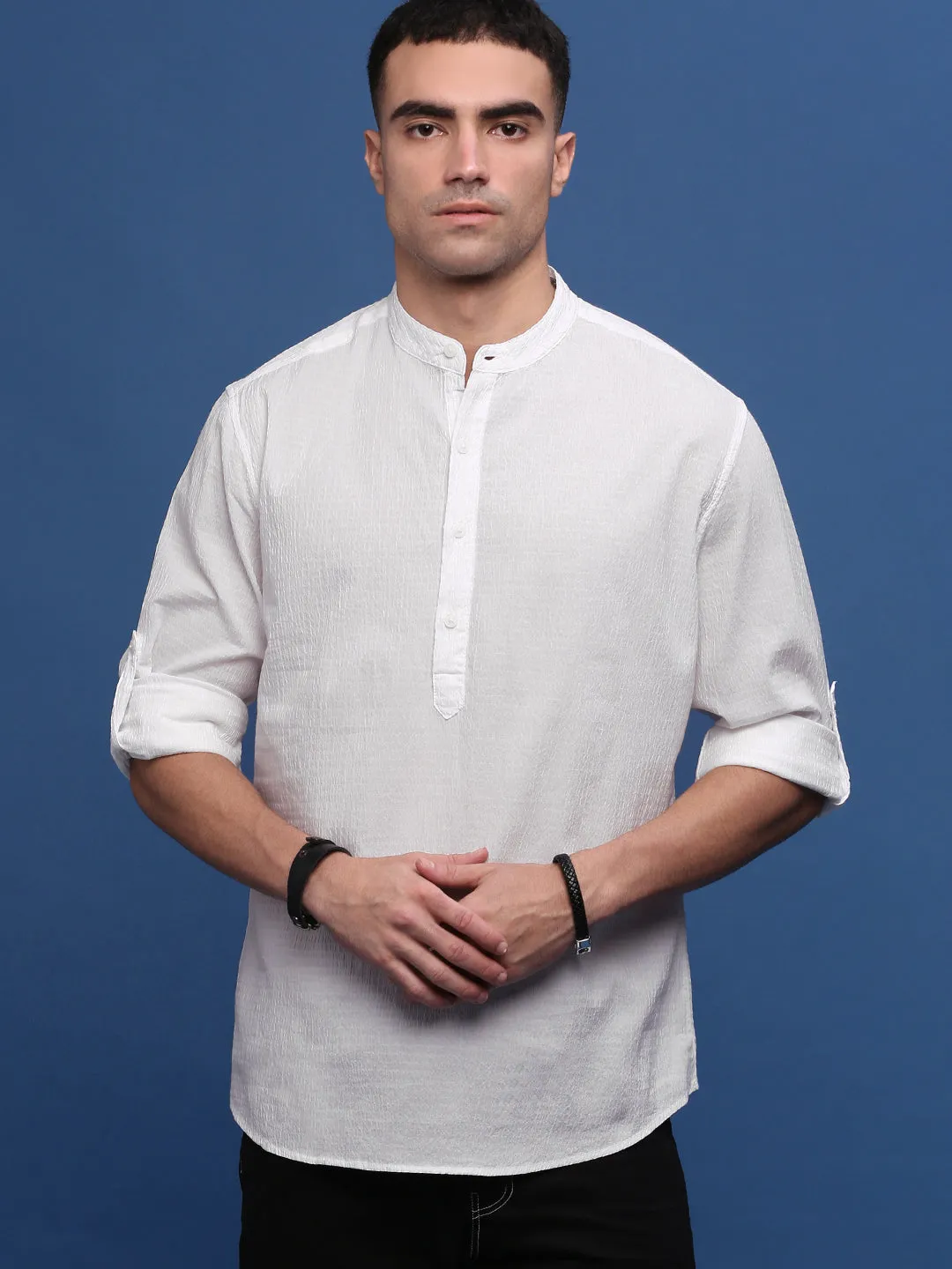 Men White Woven Design Mandarin Collar Roll Up Sleeves White Romance Shirt