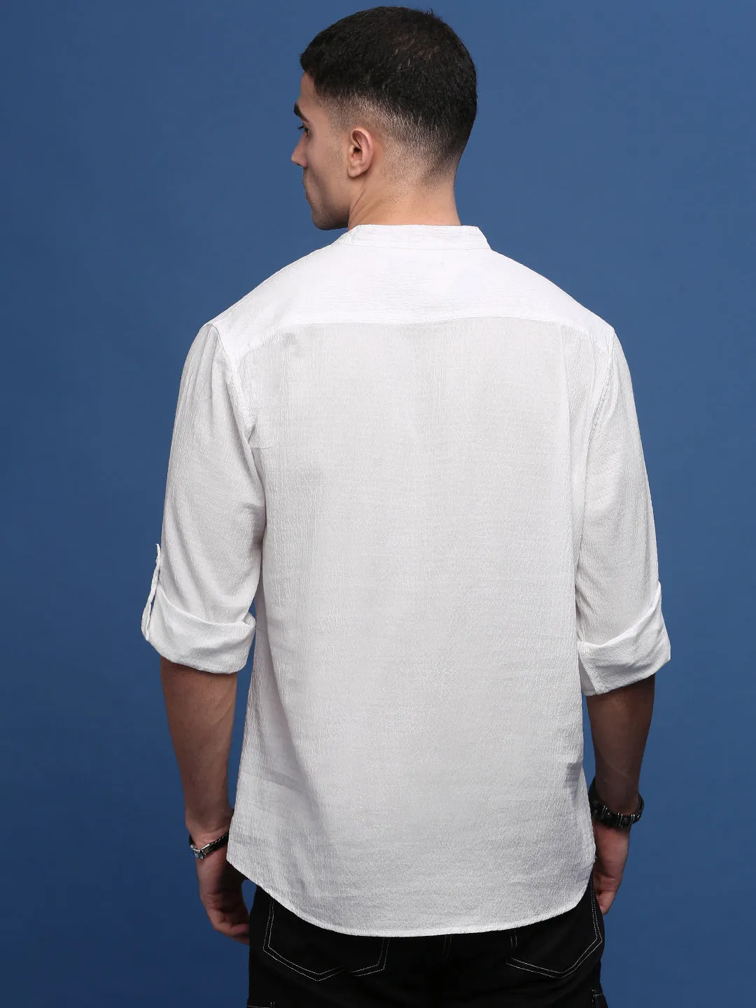 Men White Woven Design Mandarin Collar Roll Up Sleeves White Romance Shirt
