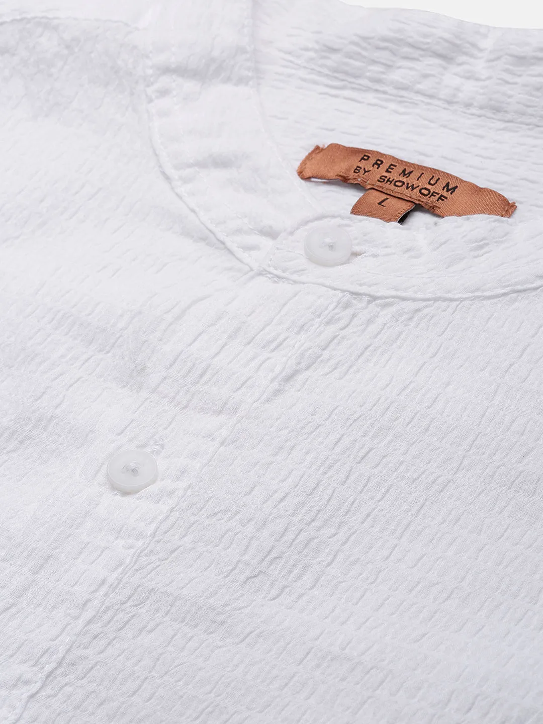 Men White Woven Design Mandarin Collar Roll Up Sleeves White Romance Shirt