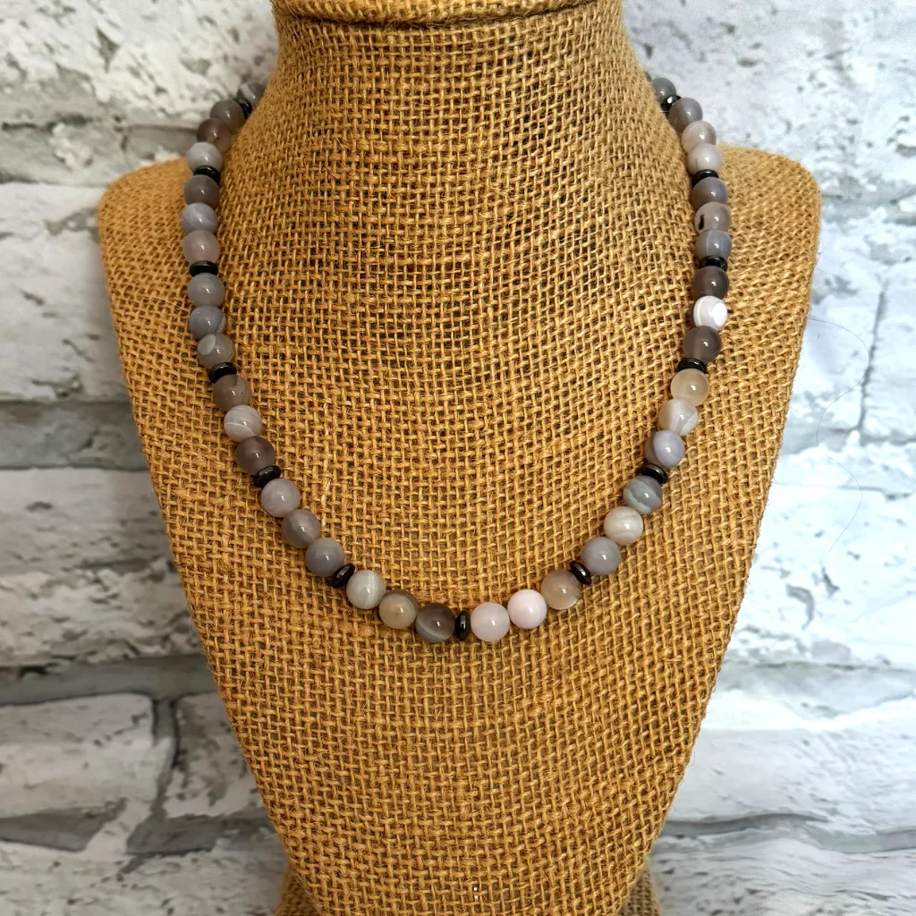 Mens Gray Agate and Gunmetal Hematite Beaded Necklace