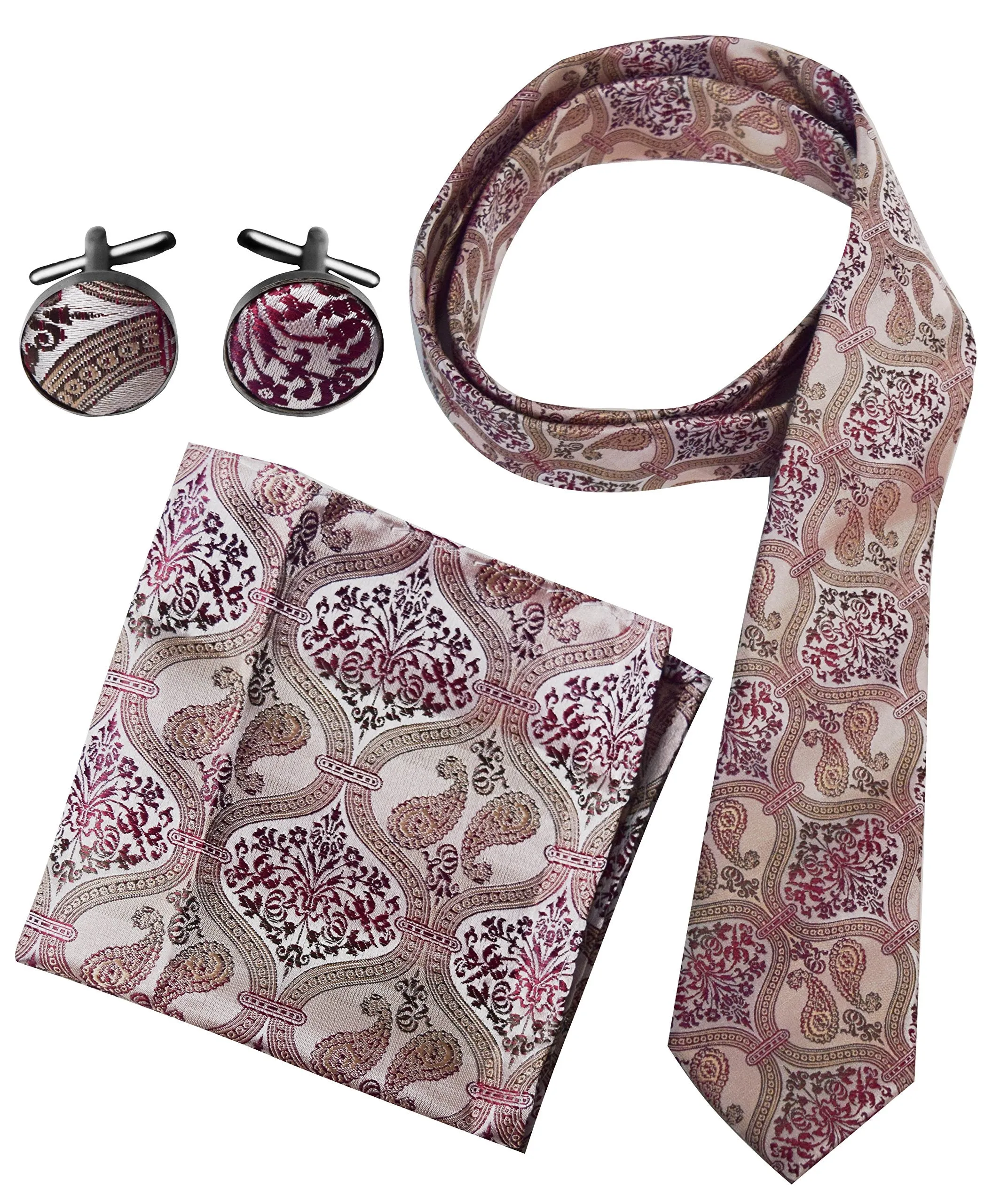 Men's Paisley Boho Style Necktie Cufflinks Pocket Handkerchief Set