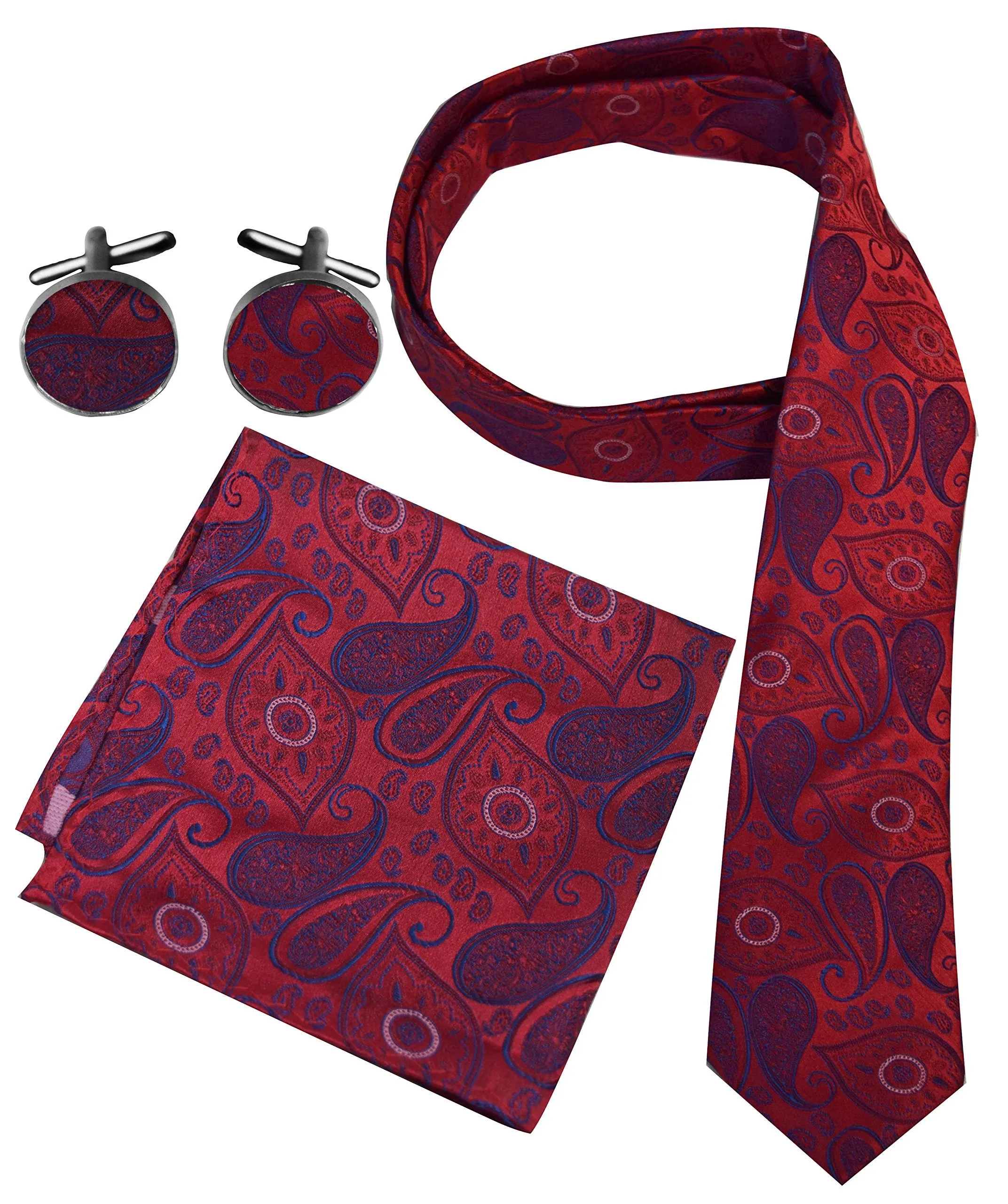 Men's Paisley Boho Style Necktie Cufflinks Pocket Handkerchief Set
