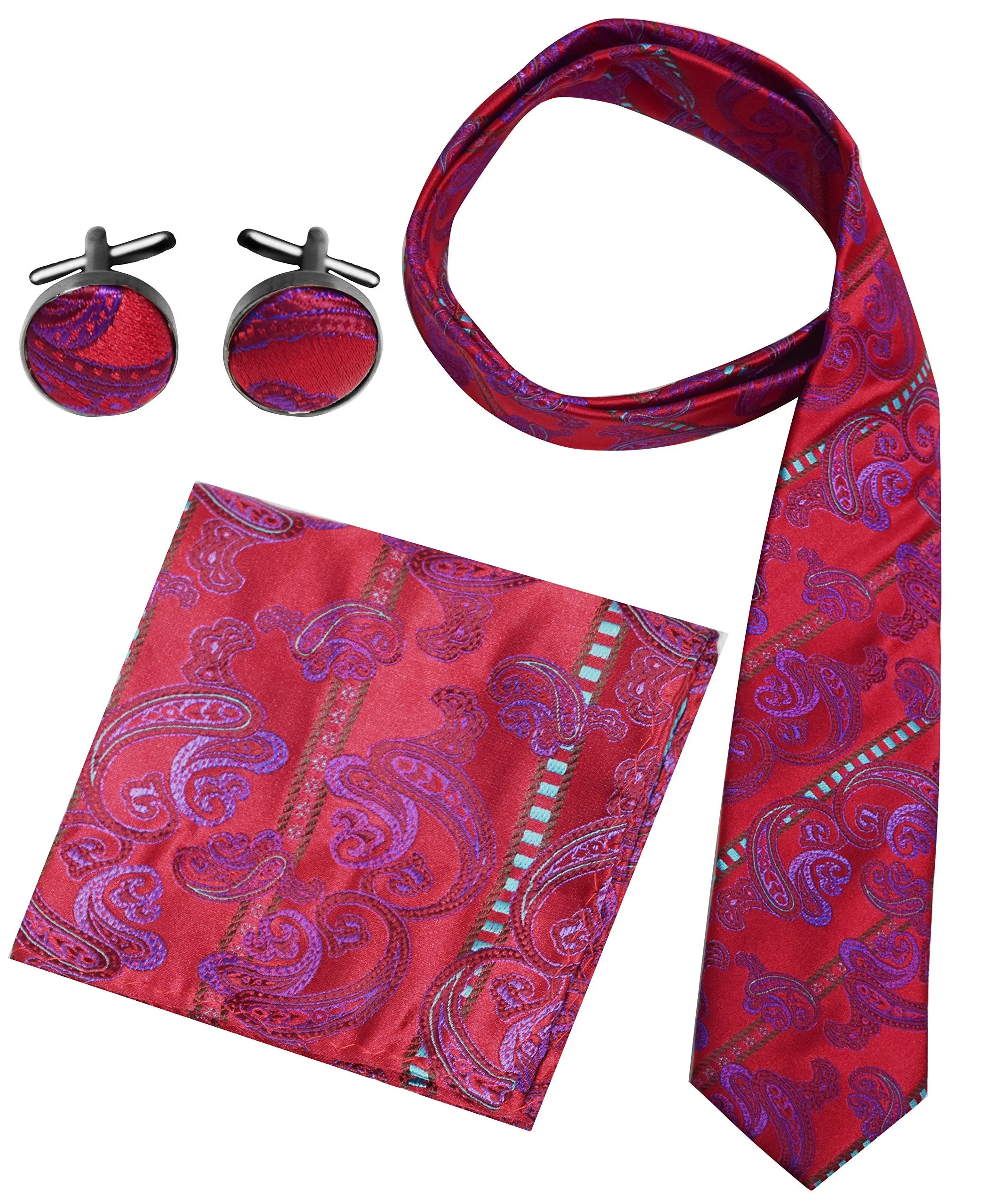 Men's Paisley Boho Style Necktie Cufflinks Pocket Handkerchief Set