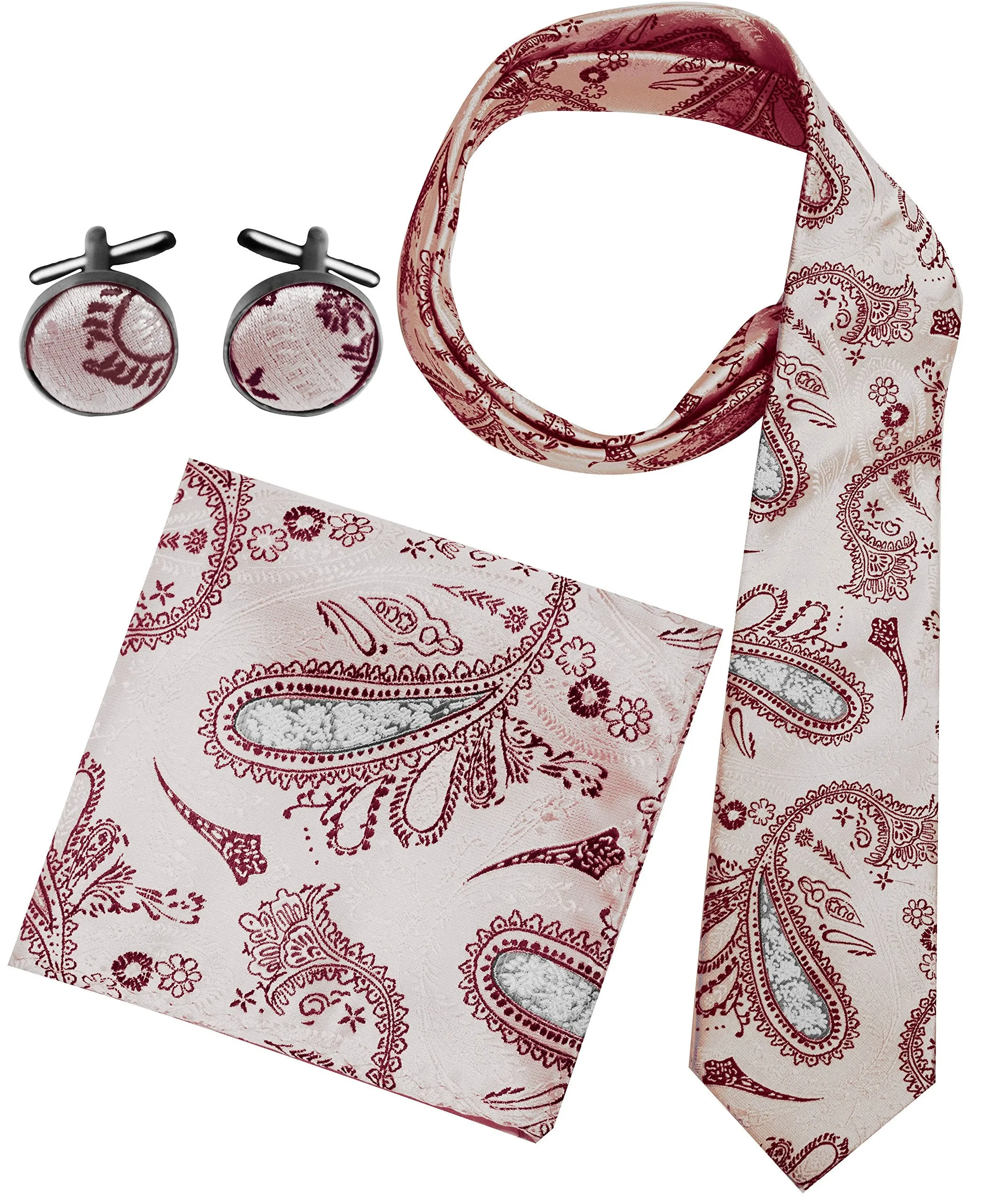 Men's Paisley Boho Style Necktie Cufflinks Pocket Handkerchief Set