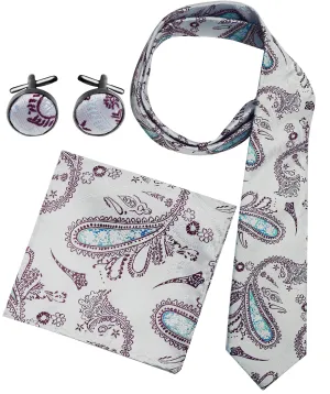 Men's Paisley Boho Style Necktie Cufflinks Pocket Handkerchief Set