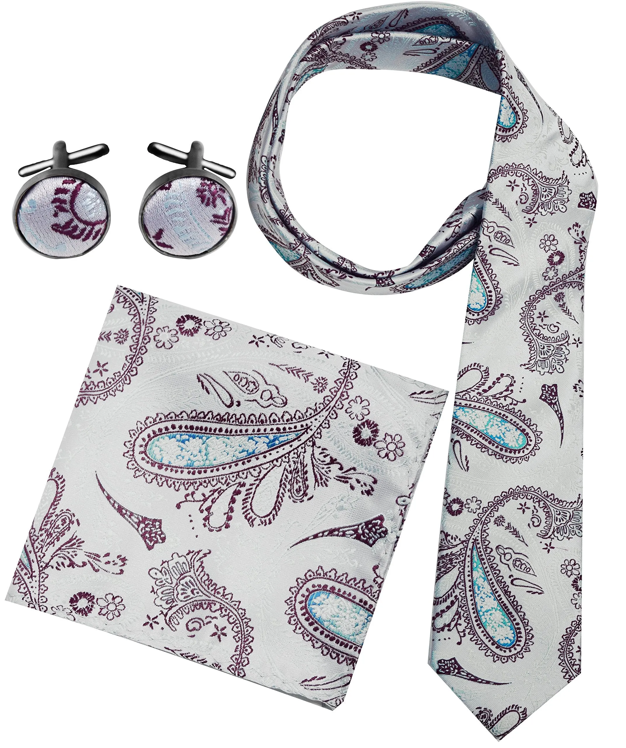 Men's Paisley Boho Style Necktie Cufflinks Pocket Handkerchief Set