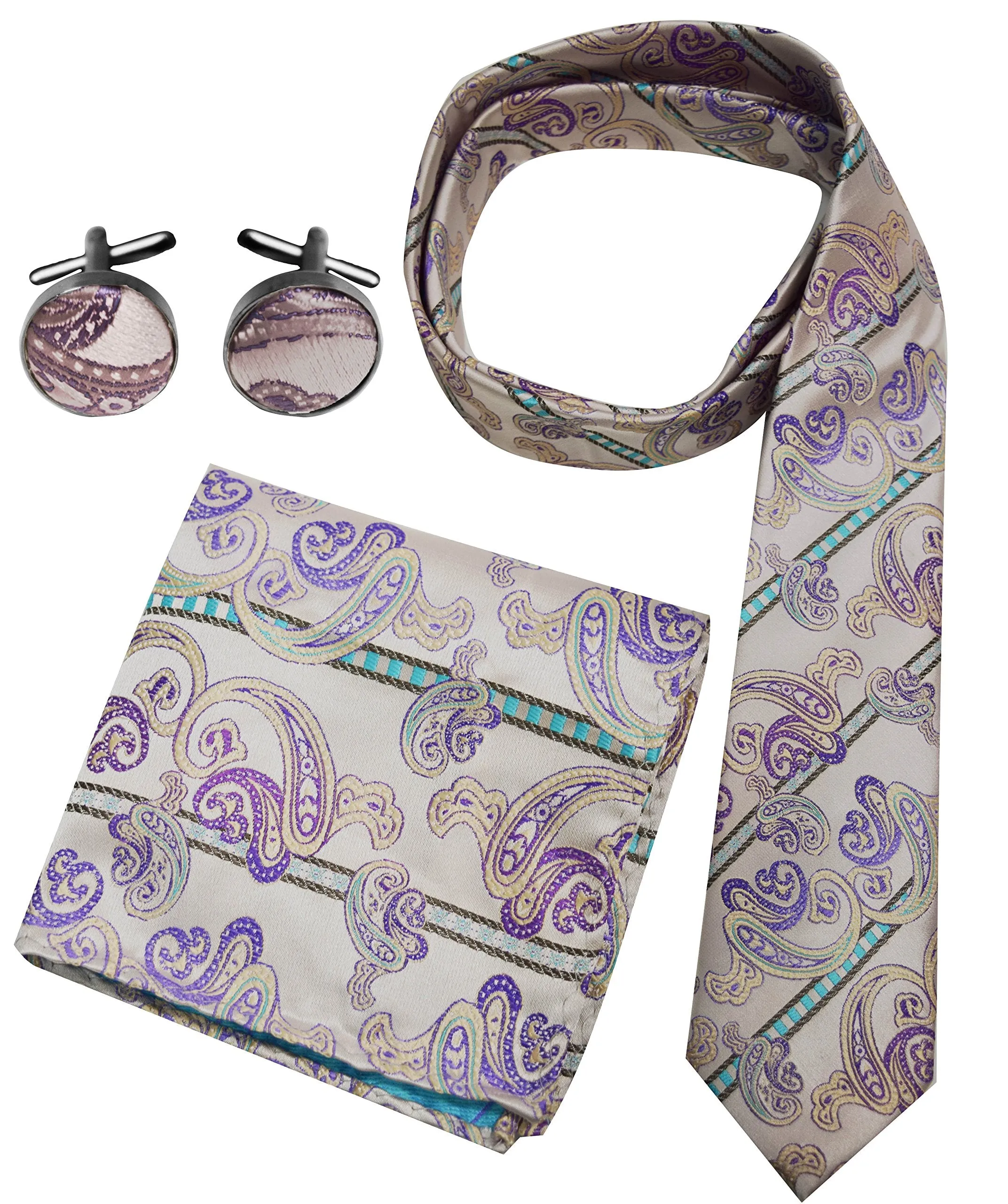 Men's Paisley Boho Style Necktie Cufflinks Pocket Handkerchief Set