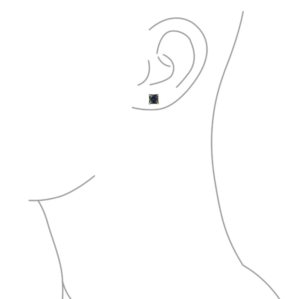 Men's Square Black Mystic Rainbow CZ Stud Earrings, Sterling Silver, 5-10MM