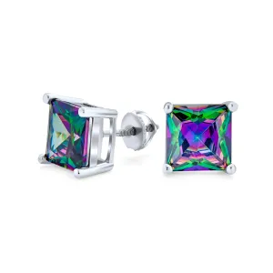 Men's Square Black Mystic Rainbow CZ Stud Earrings, Sterling Silver, 5-10MM