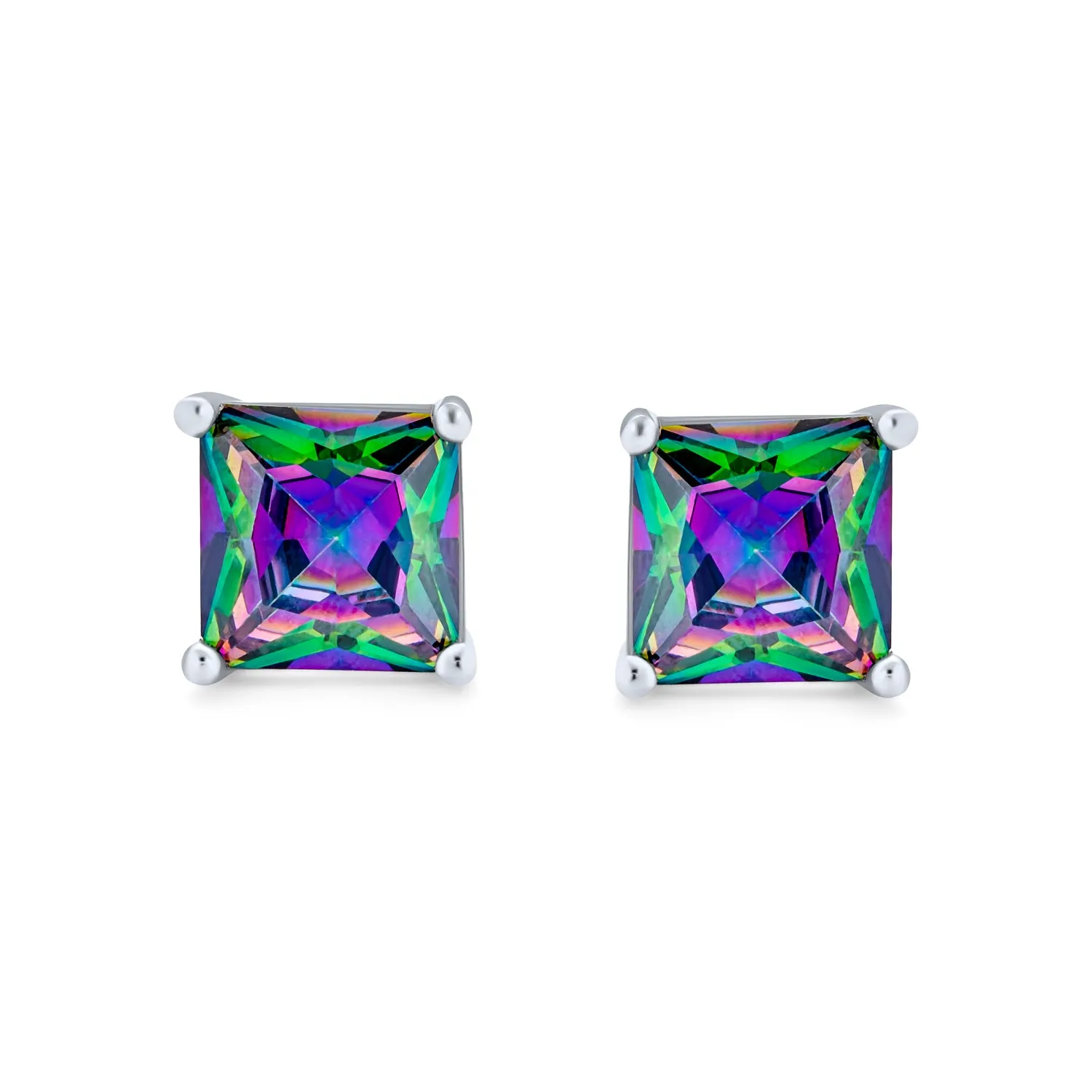 Men's Square Black Mystic Rainbow CZ Stud Earrings, Sterling Silver, 5-10MM