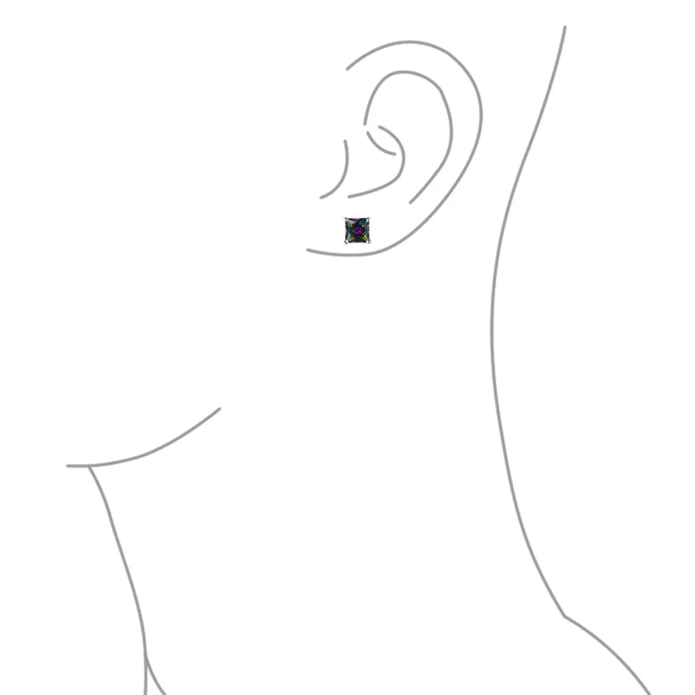 Men's Square Black Mystic Rainbow CZ Stud Earrings, Sterling Silver, 5-10MM
