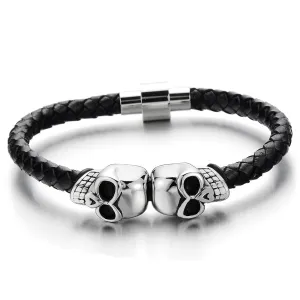 Mens Stainless Steel Skull Black Genuine Leather Bracelet Wristband Bangle with Magnetic Clasp