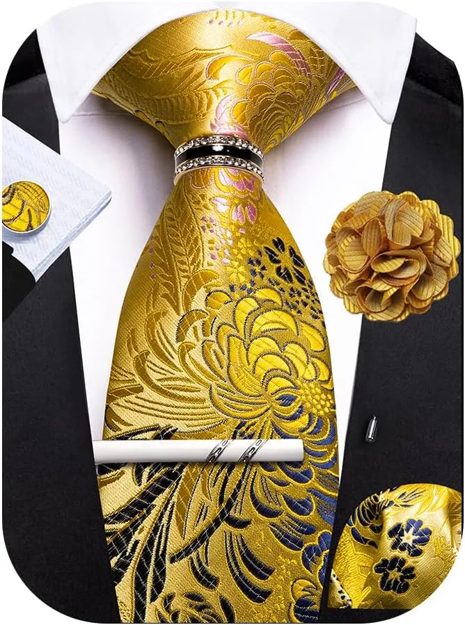 Men's Tie Sets Floral Paisley Woven Necktie Pocket Square Cufflinks with Lapel Pin Brooch Tie Clip Tie Ring