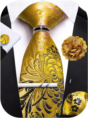 Men's Tie Sets Floral Paisley Woven Necktie Pocket Square Cufflinks with Lapel Pin Brooch Tie Clip Tie Ring