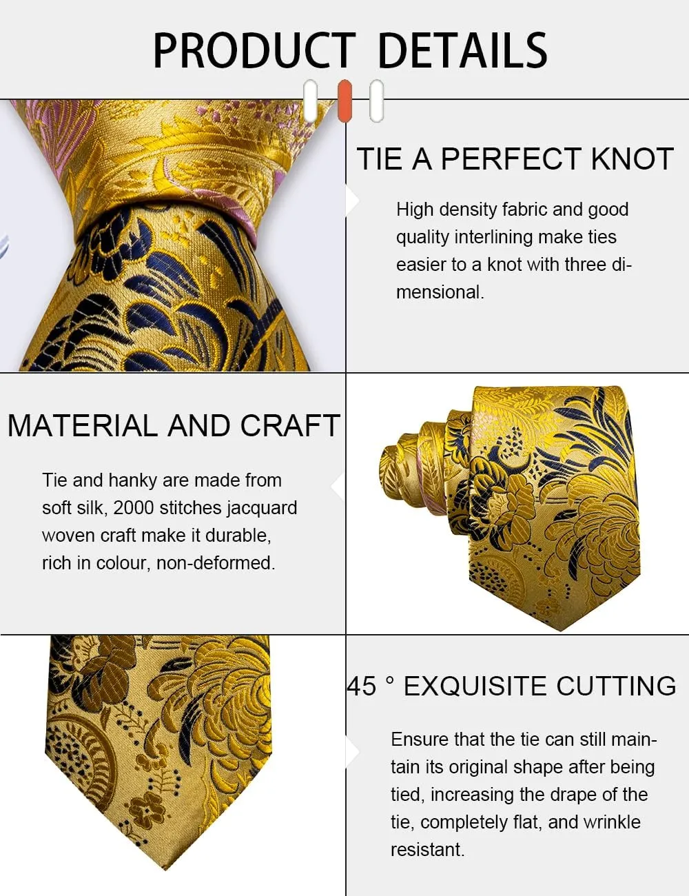 Men's Tie Sets Floral Paisley Woven Necktie Pocket Square Cufflinks with Lapel Pin Brooch Tie Clip Tie Ring