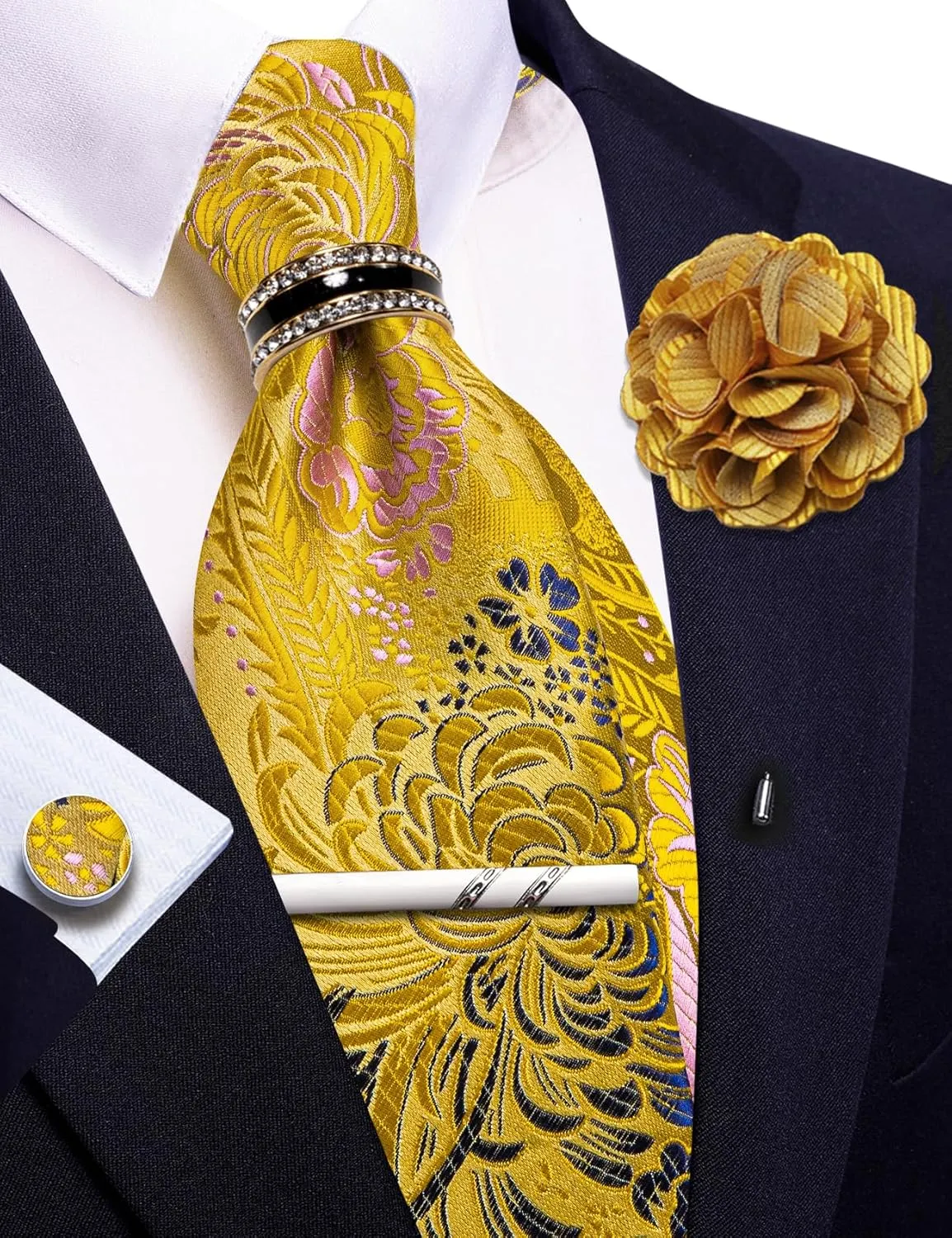 Men's Tie Sets Floral Paisley Woven Necktie Pocket Square Cufflinks with Lapel Pin Brooch Tie Clip Tie Ring