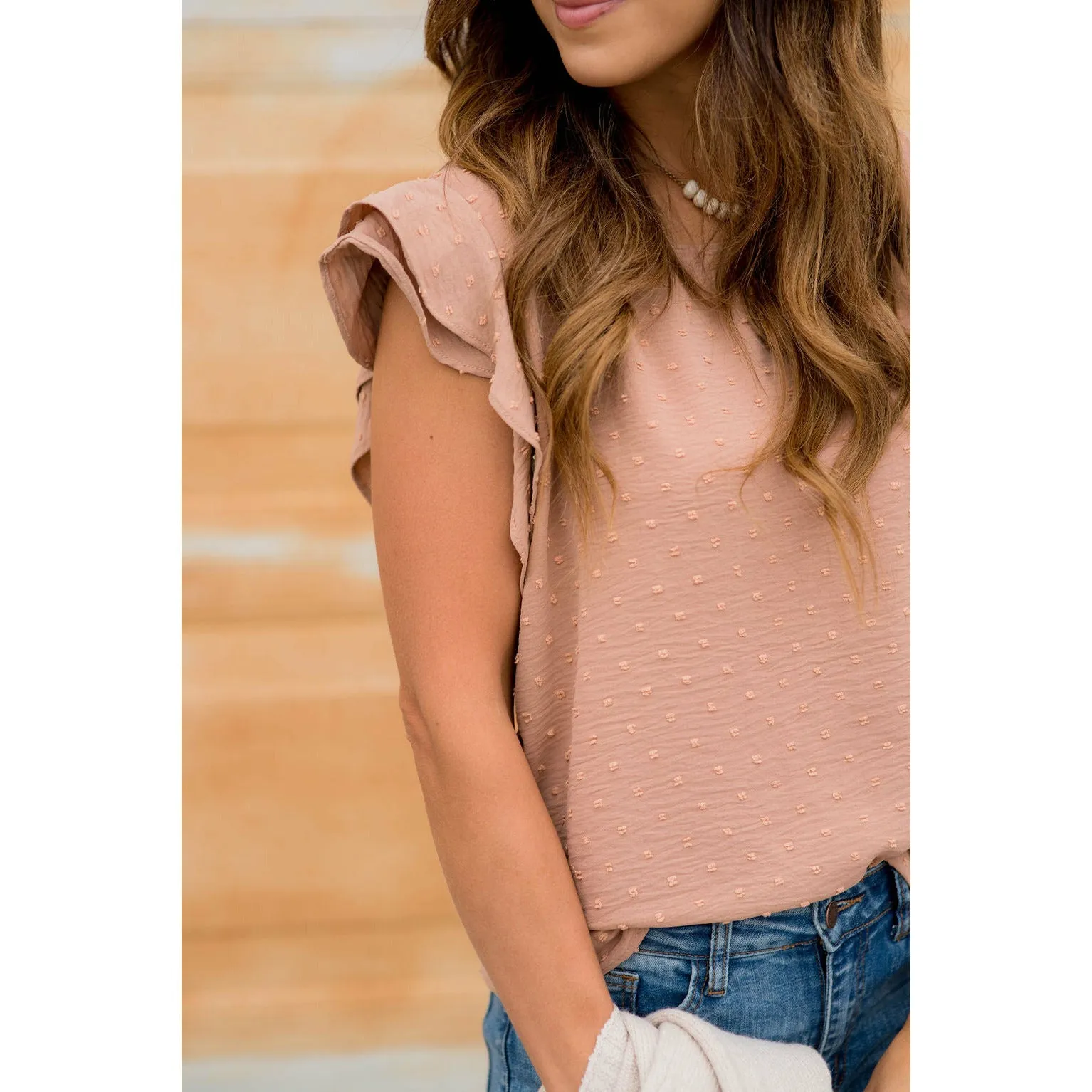 Micro Textured Dot Short Flutter Blouse