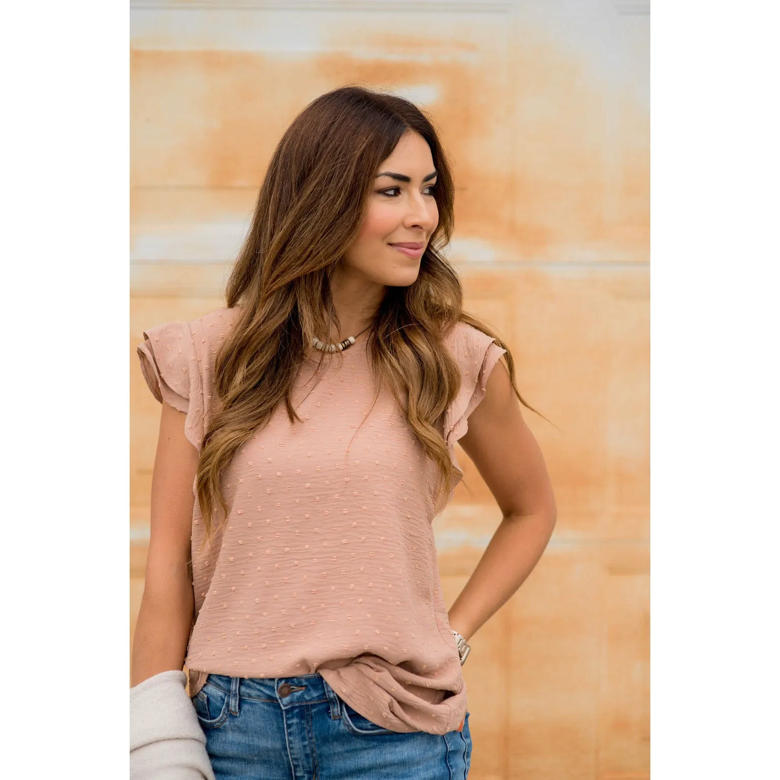Micro Textured Dot Short Flutter Blouse