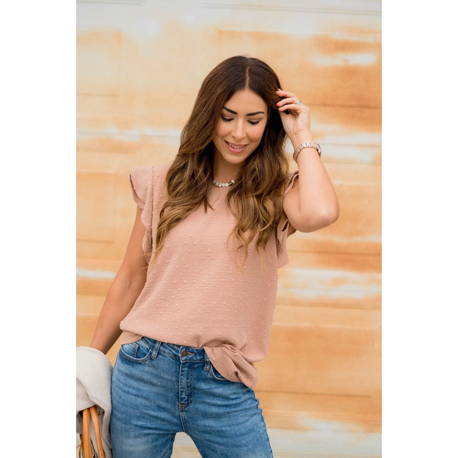 Micro Textured Dot Short Flutter Blouse