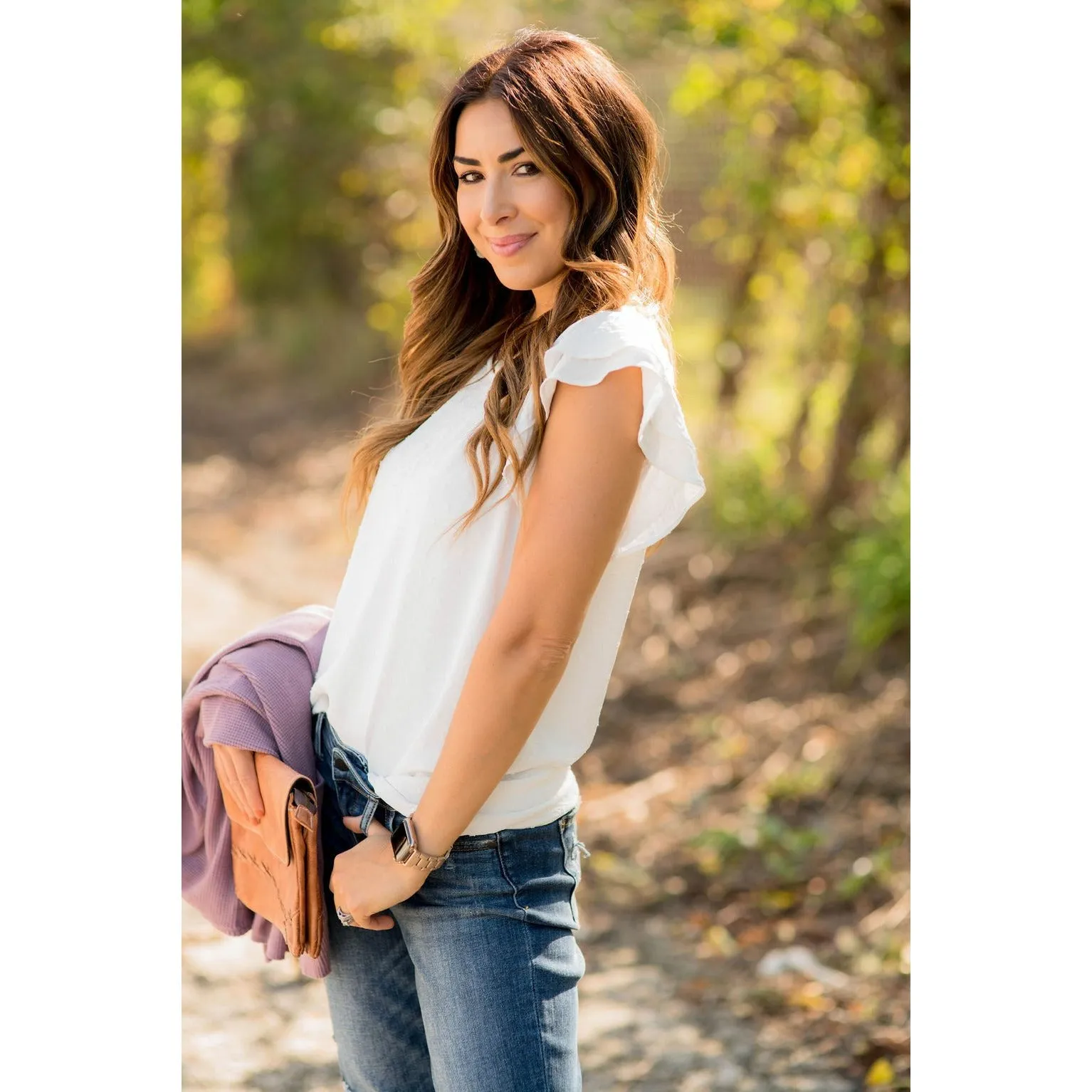 Micro Textured Dot Short Flutter Blouse