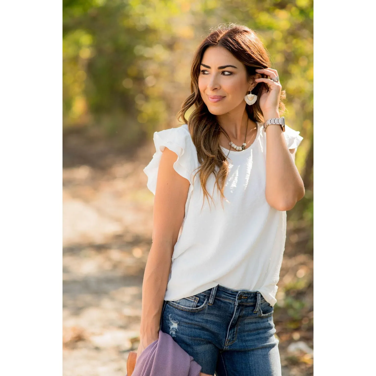 Micro Textured Dot Short Flutter Blouse