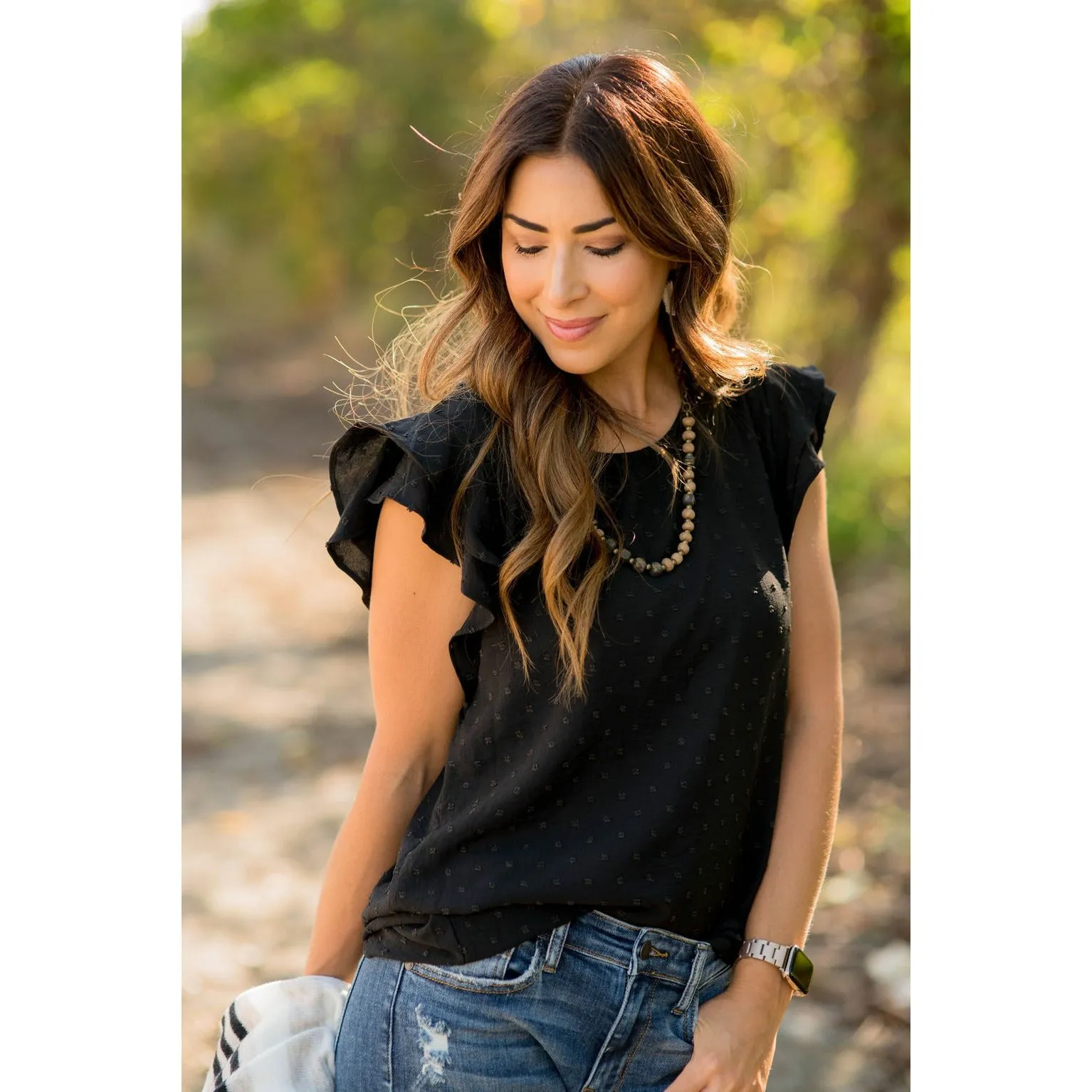 Micro Textured Dot Short Flutter Blouse