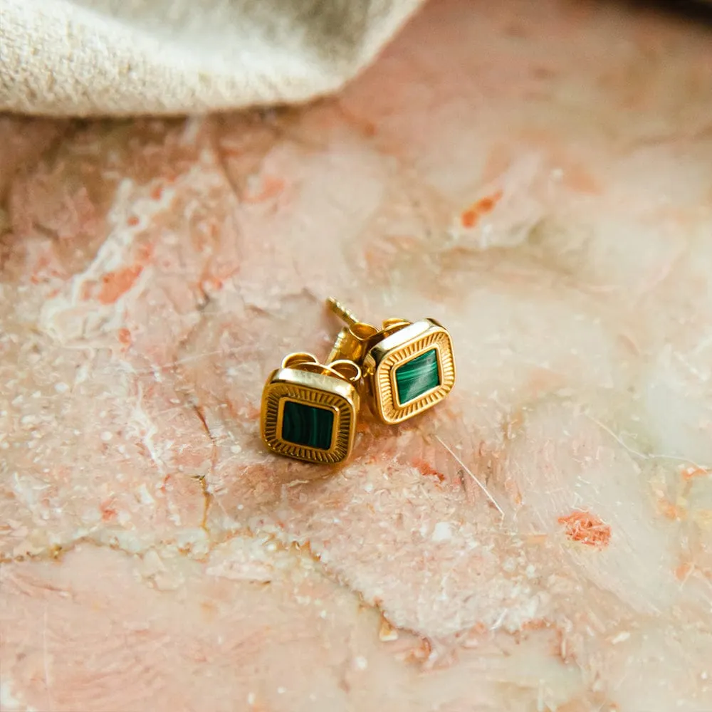 Mini Malachite Palm Stud Earrings 18ct Gold Plate