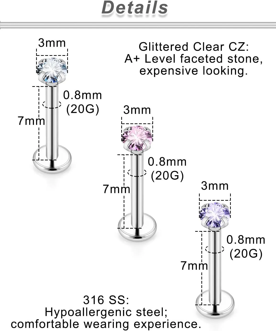 Ocptiy 18G 20G Push in Theadless Nose Rings Studs Hypoallergenic Surgical Steel Cartilage Tragus Helix Earrings Stud Lip labret Monroe Medusa Piercings Jewelry 6mm 7mm 8mm Bar Lenght Diamond 3mm