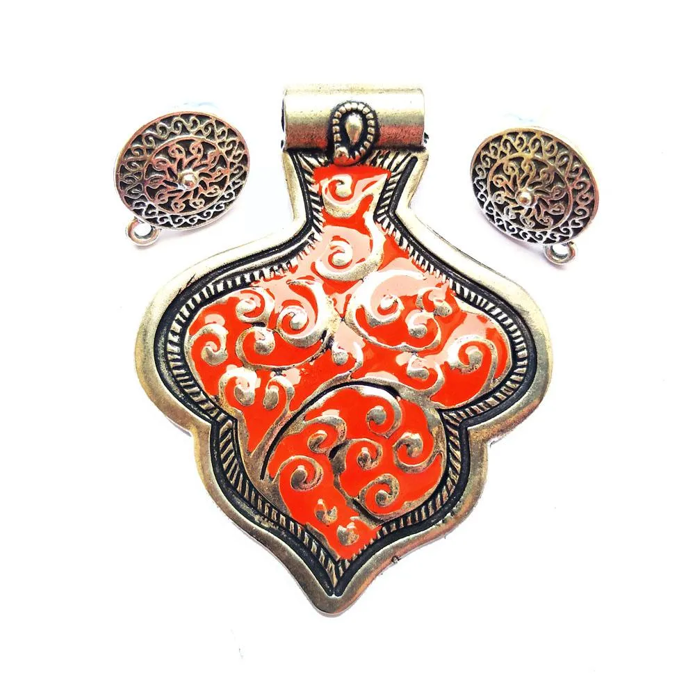 Orange Black German Silver Pendant Set