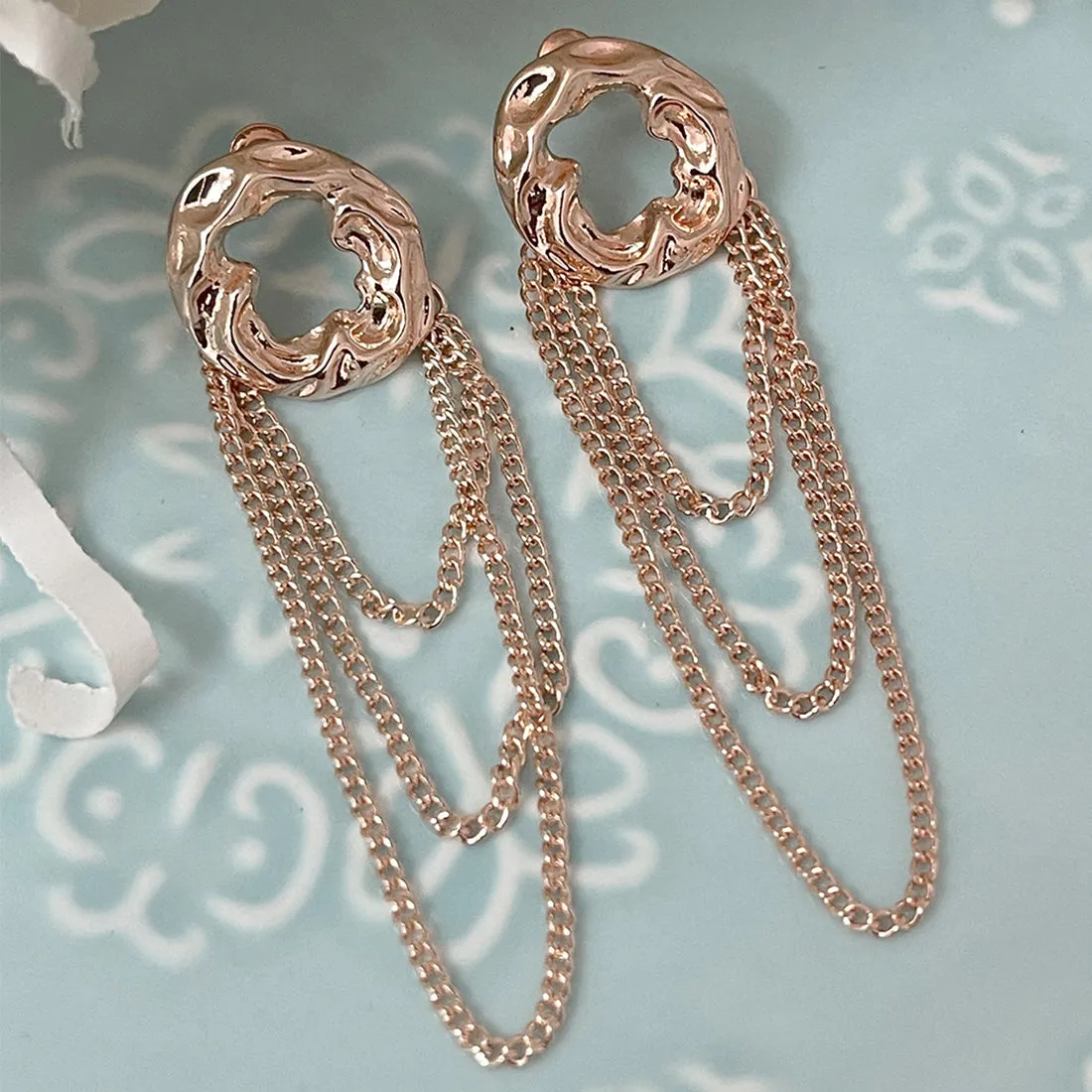 OVERSIZED HAMMERED CIRCULAR ROSE GOLD-TONED & TASSEL DROP EARRINGS