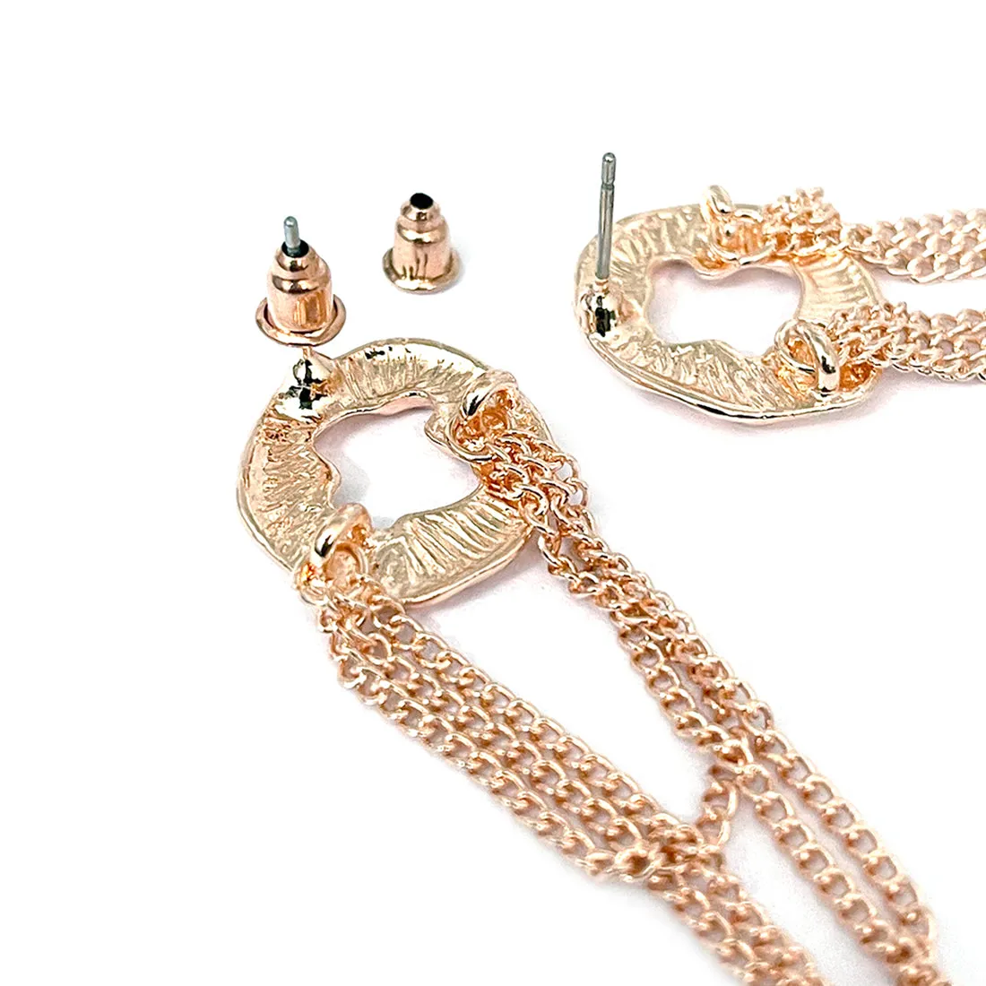 OVERSIZED HAMMERED CIRCULAR ROSE GOLD-TONED & TASSEL DROP EARRINGS