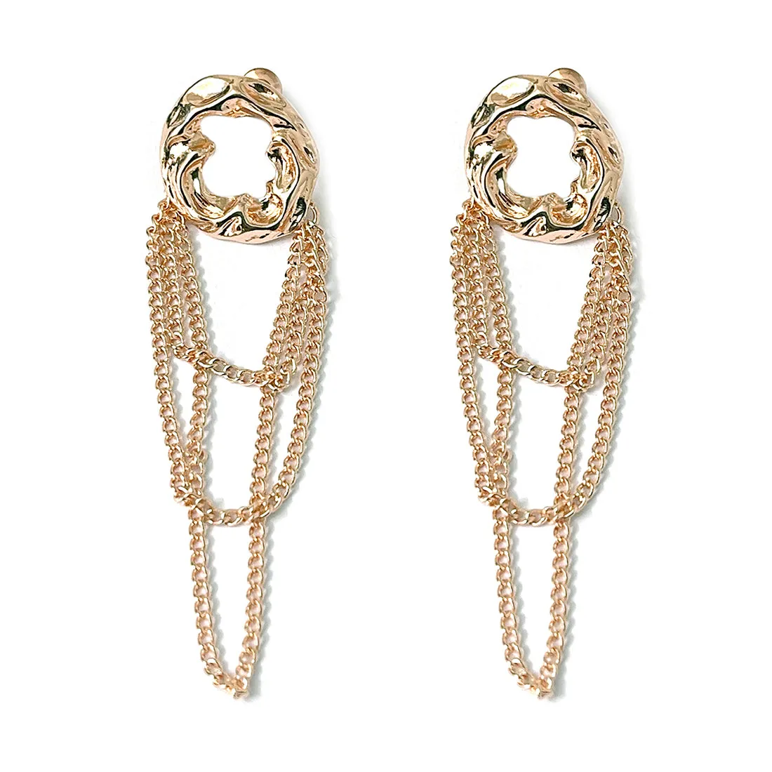 OVERSIZED HAMMERED CIRCULAR ROSE GOLD-TONED & TASSEL DROP EARRINGS