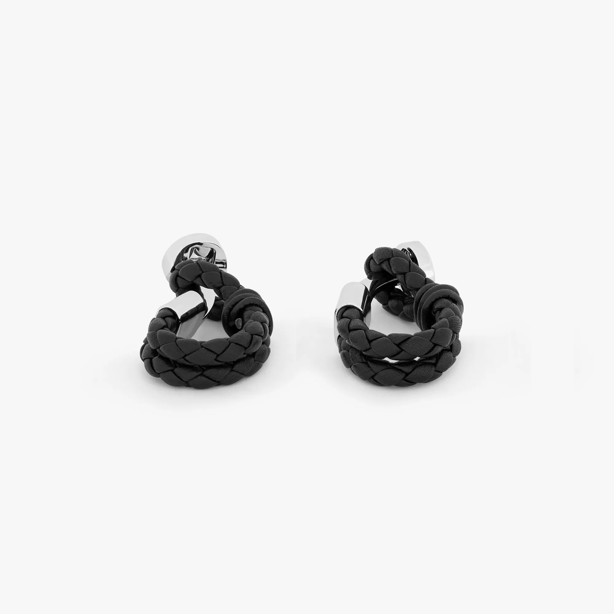 Pelle Wrap Around cufflinks in black leather with rhodium finish