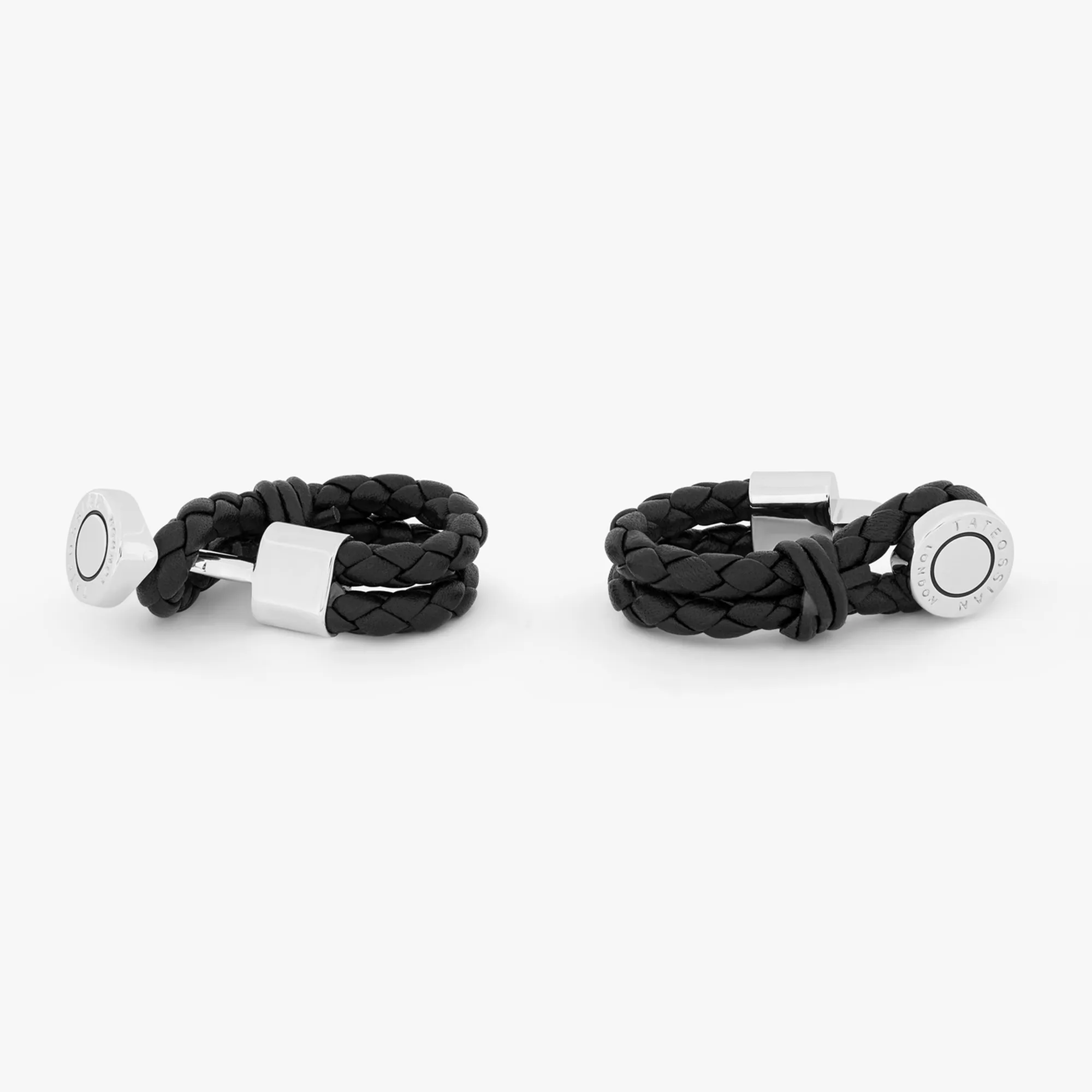 Pelle Wrap Around cufflinks in black leather with rhodium finish
