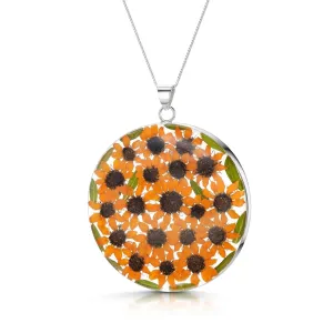Real Sunflower Pendant Necklace – Sterling Silver Round Pendant with Mini Sunflowers
