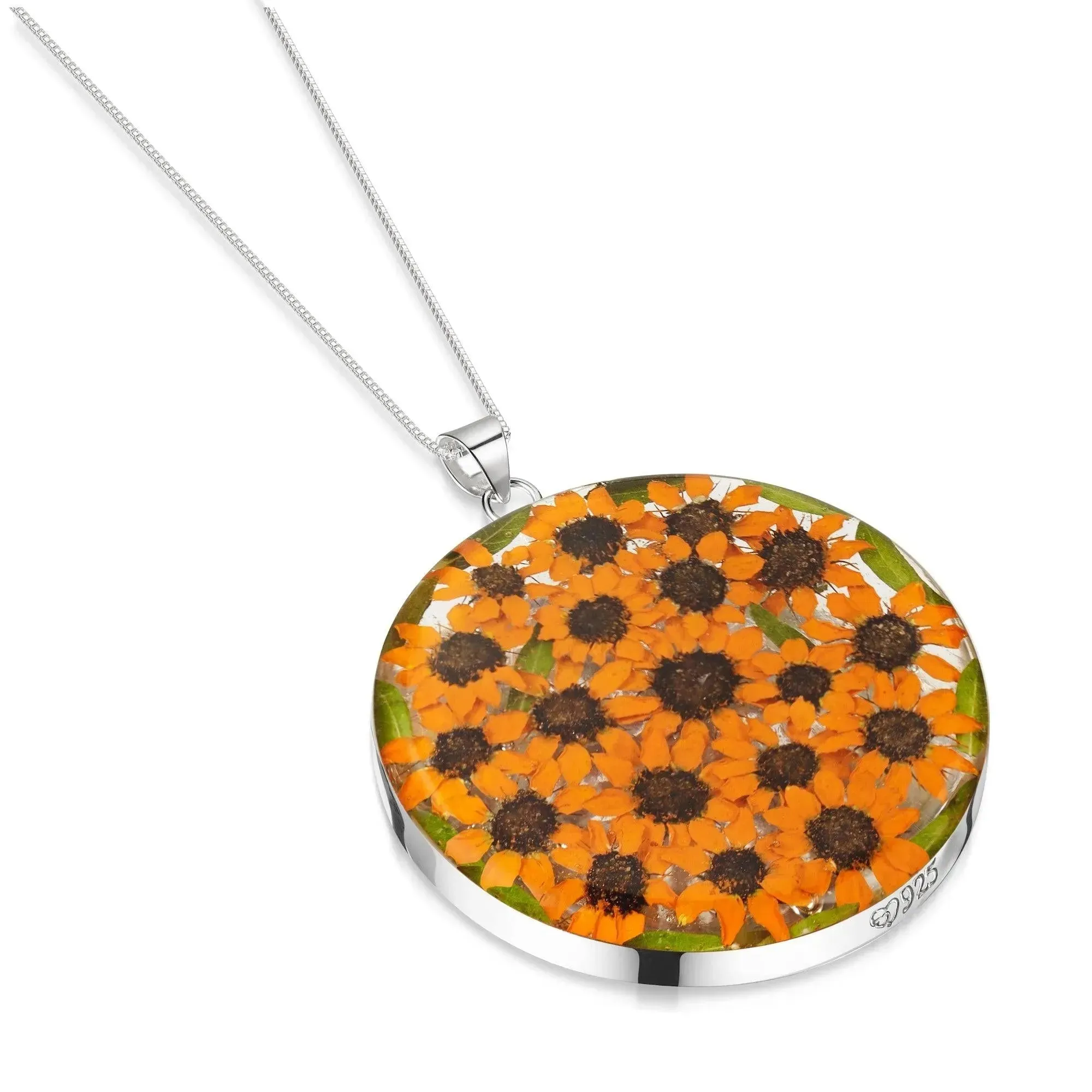 Real Sunflower Pendant Necklace – Sterling Silver Round Pendant with Mini Sunflowers