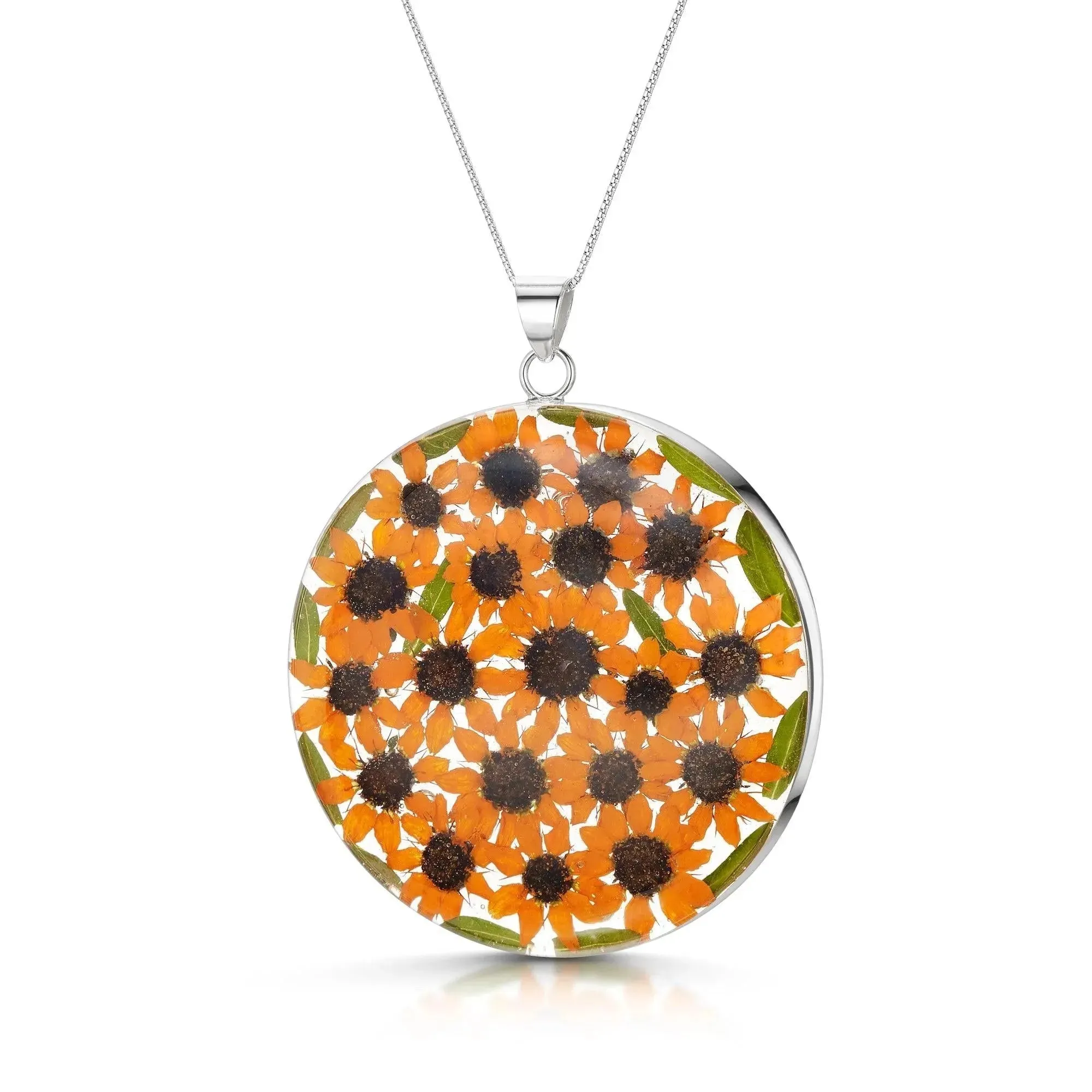 Real Sunflower Pendant Necklace – Sterling Silver Round Pendant with Mini Sunflowers