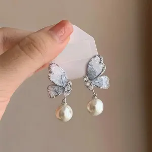 Rhinestone Butterfly Pearl Drop Earrings