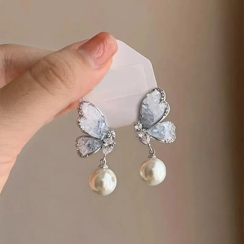 Rhinestone Butterfly Pearl Drop Earrings