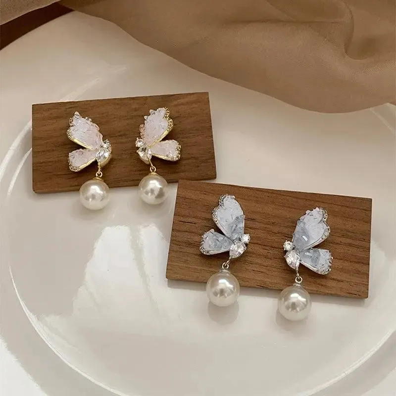 Rhinestone Butterfly Pearl Drop Earrings