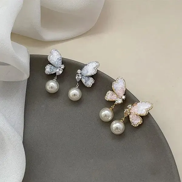 Rhinestone Butterfly Pearl Drop Earrings
