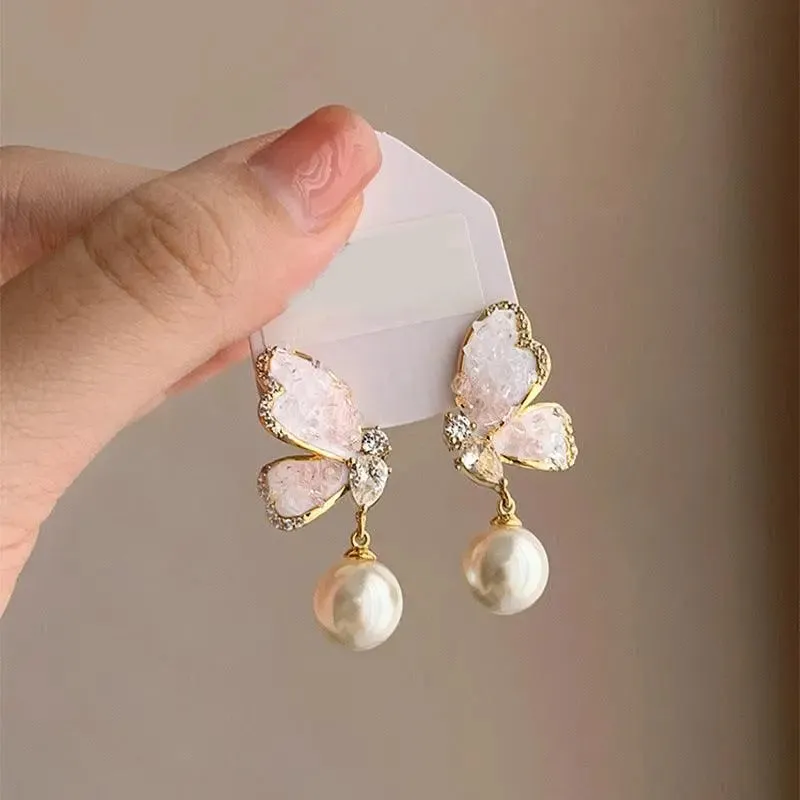 Rhinestone Butterfly Pearl Drop Earrings