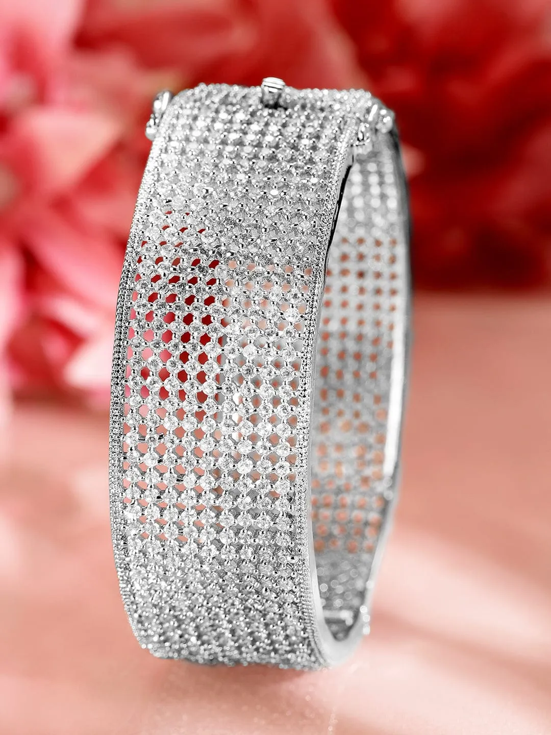 Rubans Women Brass Cubic Zirconia Rhodium-Plated Bangle-Style Bracelet
