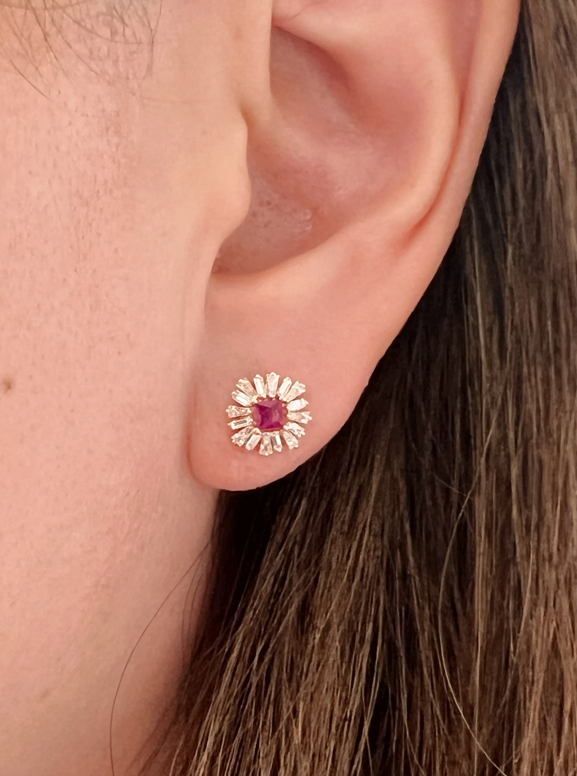 Ruby and Baguette Diamond Stud Earrings