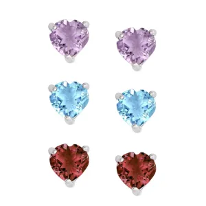 S. Silver Amethyst Blue Topaz Garnet Gemstone Heart Stud Set