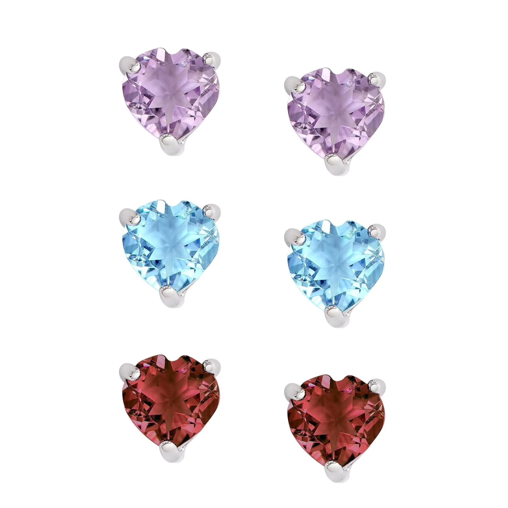 S. Silver Amethyst Blue Topaz Garnet Gemstone Heart Stud Set