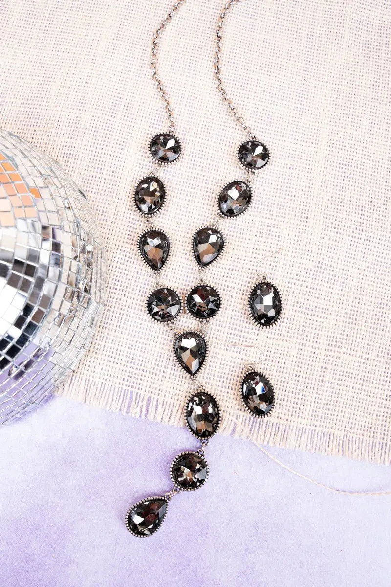 Shining Moment Black Diamond Crystal Y Necklace and Earrings Set