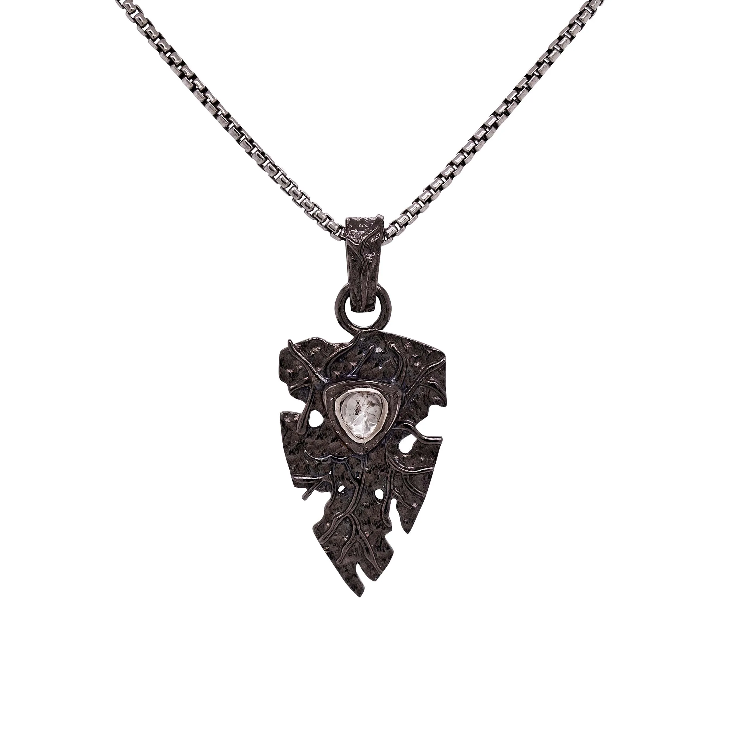 Silver and Black Rhodium Trillion Raw Diamond Shield Pendant