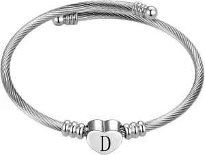 Silver Initial Letter Cuff Bracelet Heart Bangle Bracelets Expandable Stainless Steel Personalized Jewelry for Women